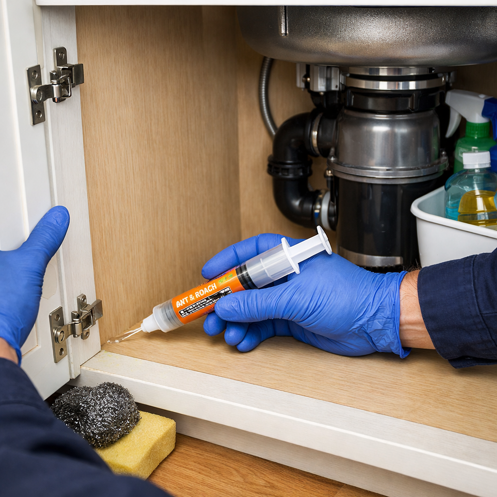 Hands wearing blue gloves applying ant and roach gel bait inside a kitchen cabinet under the sink